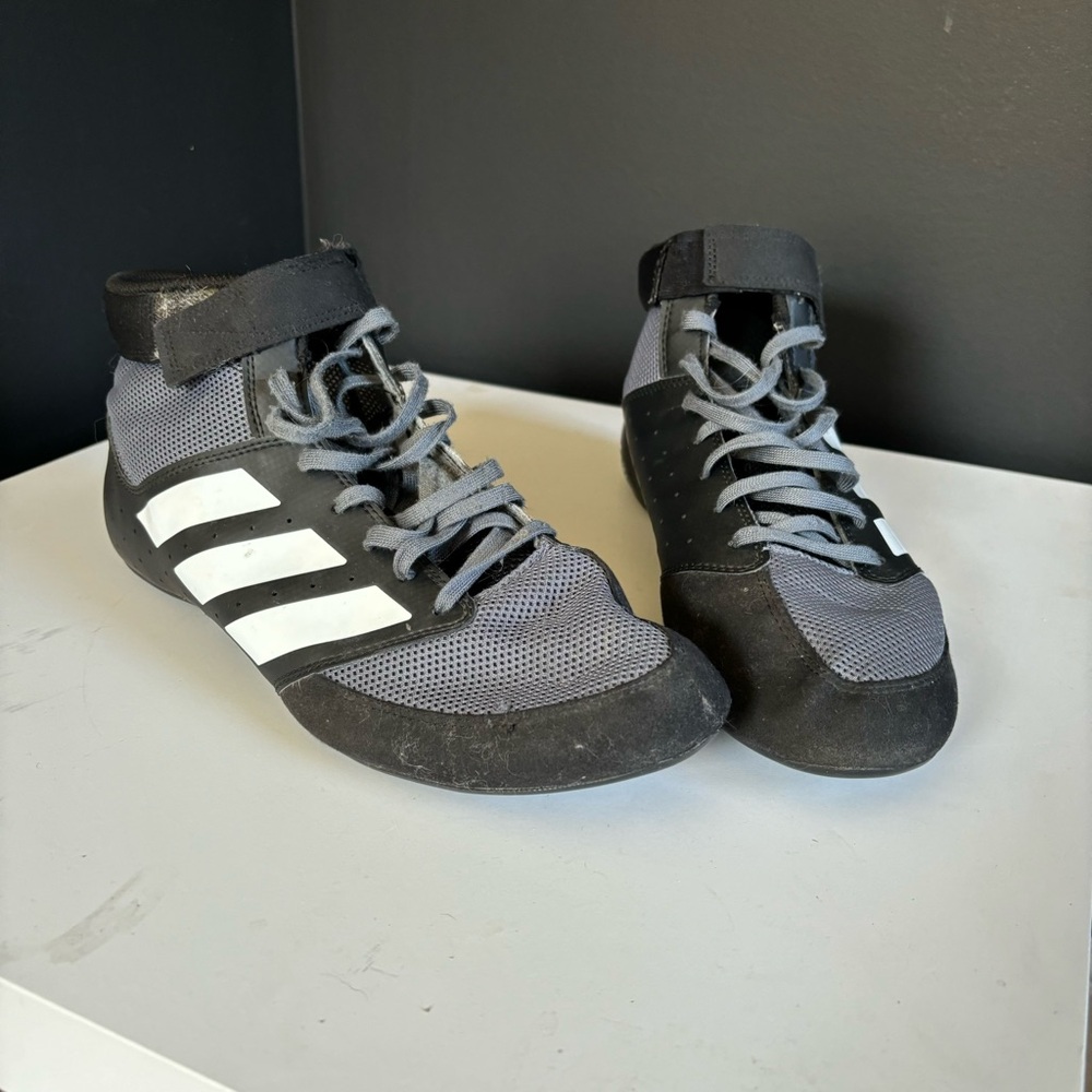 adidas Gray and Black Athletic Wrestling Shoes with White Stripes